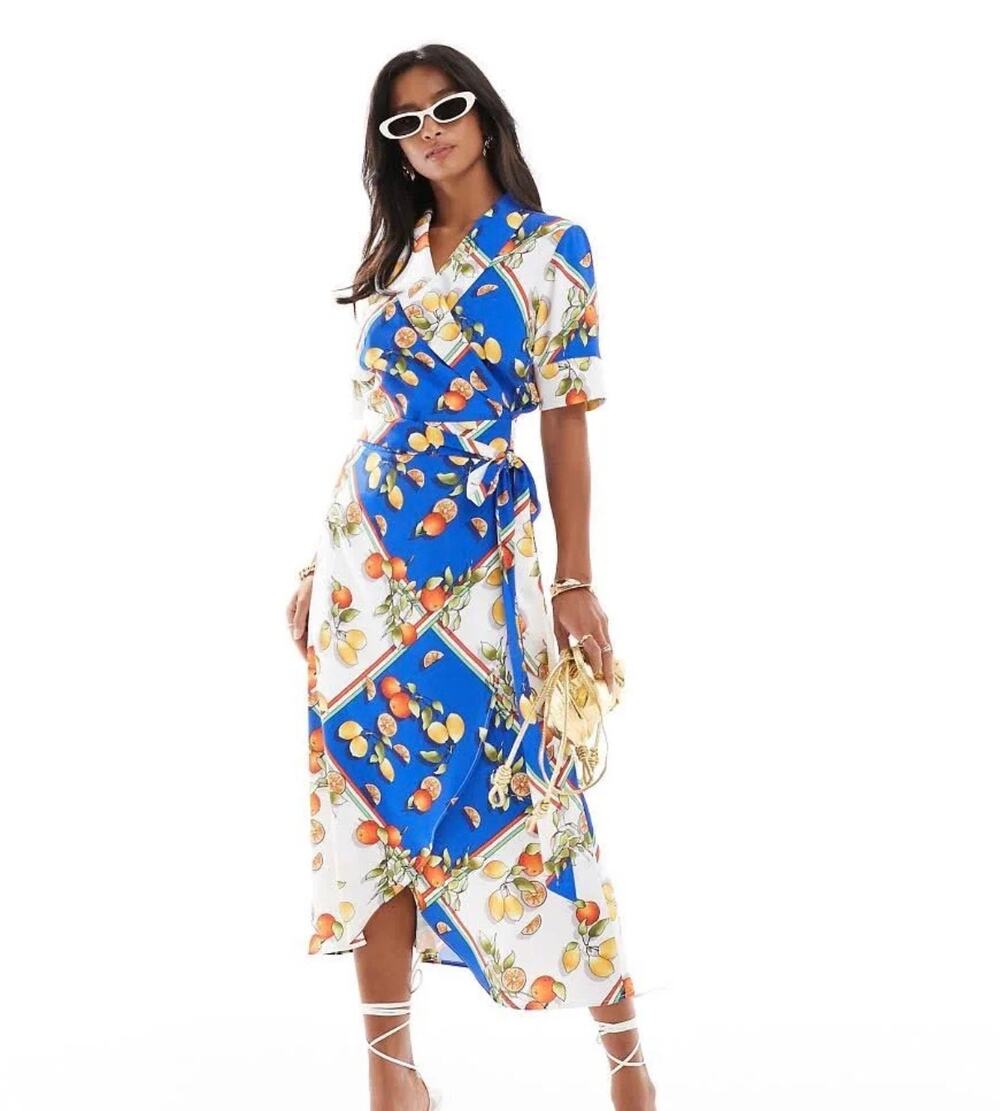 NWT Never Fully Dressed Dolce Vita Brooklyn Blue Lemon Wrap Shirt Midi Dress
